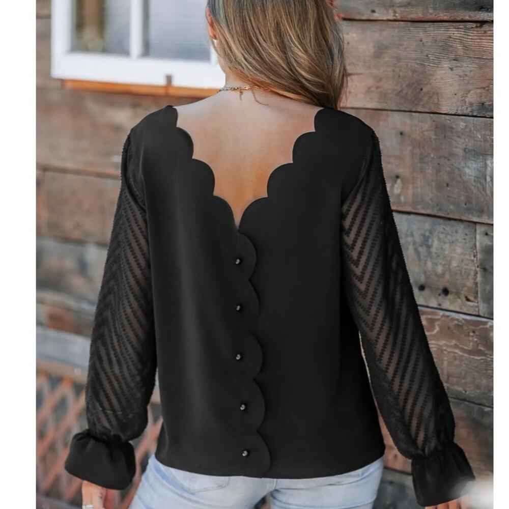 Women's Reversible Boatneck Sheer Poet Sleeve Blouse Black Size XL NWT Romantic - Picture 2 of 11